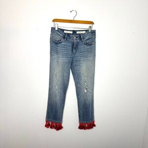 Anthropologie Pilcro Red‎ Beaded Tassel Hem Slim Boyfriend Jeans